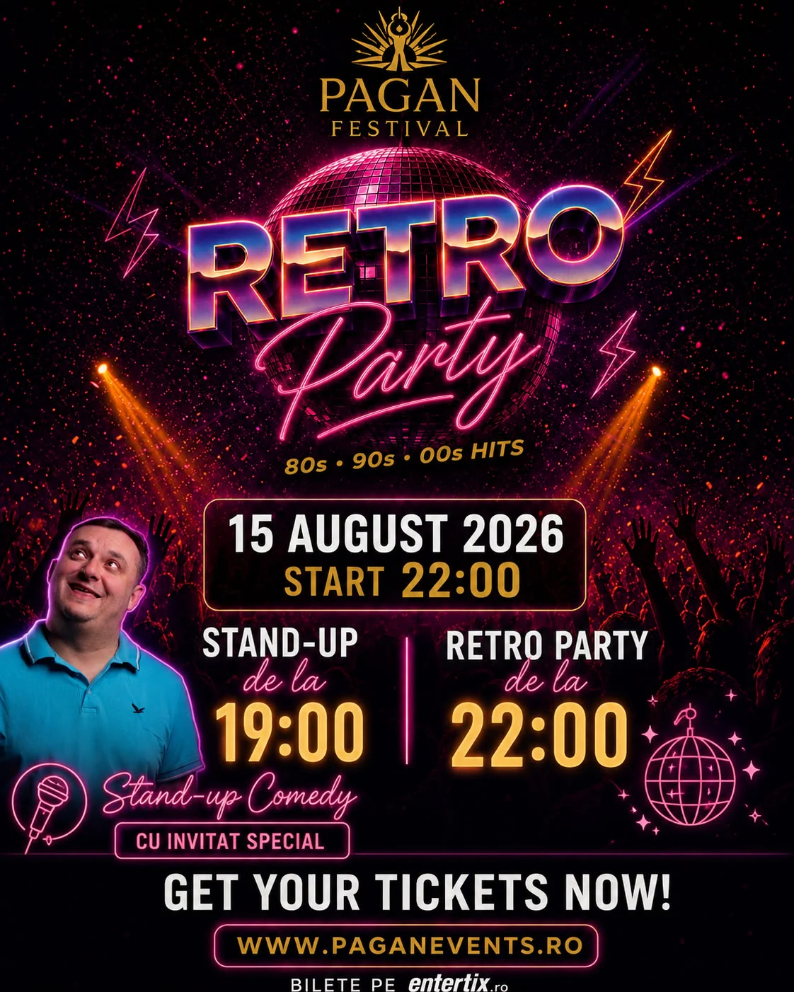 Retro Party PAGAN Festival cu Nicu Bendea, stand-up de la 19:00 și party de la 22:00, 15 august 2026